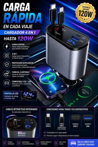 Cargador Auto 120w 4 En 1 Con 2 Cables Retráctiles 2 Puertos Negro