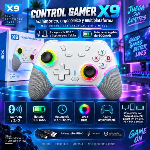 Control Joystick Gamer X9 Inalámbrico Rgb Multiplataforma