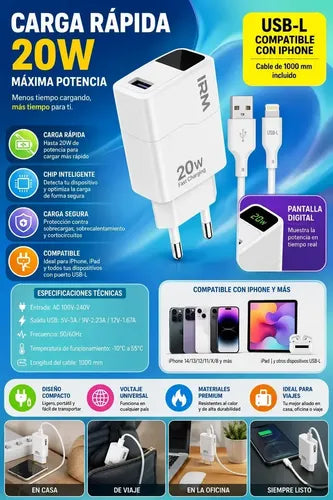 Cargador Rápido 20w Compatible Con iPhone Series 8 Al 14 Blanco