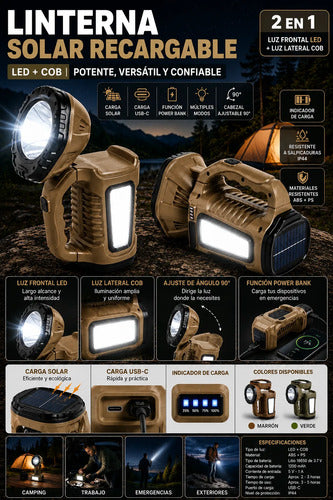 Linterna Led Cob Solar Recargable Usb 1200mah Ajustable 90° Luz Led Blanco Marrón