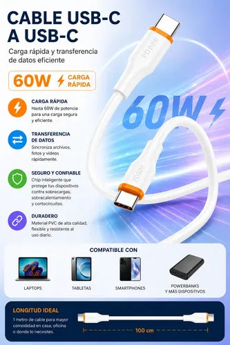 Cable Usb-c 1m 60w Carga Rápida Para Samsung Xiaomi Android