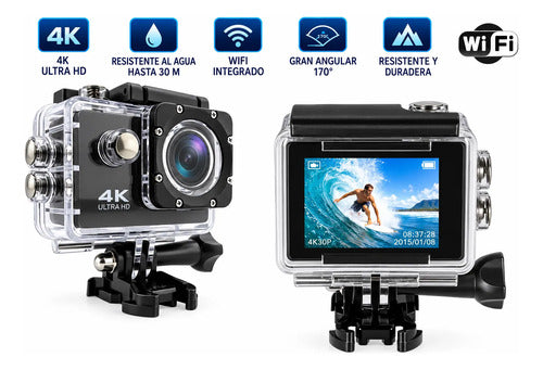 Cámara Deportiva Acción 4k Wifi 16mp 170° Sumergible 30m