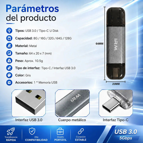 Pendrive Irm 32 Gb Otg Usb-c Y Usb 3.0 De Alta Velocidad Para Android Y Pc Gris Metálico