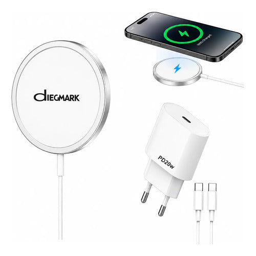 Cargador Magnético 15w + Adaptador Pd20w Para iPhone Samsung Blanco