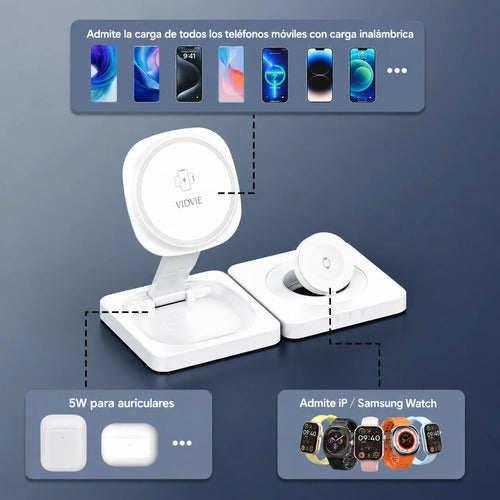 Cargador Inalámbrico Magnético Base 4 En 1 Plegable 15w Blanco