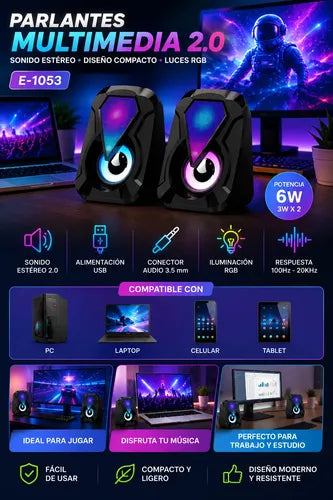 Parlantes Multimedia Para Pc Y Notebook Led Rgb Jack 3.5mm Negro