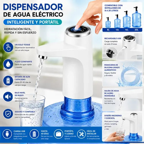 Dispensador De Agua Eléctrico Usb Recargable 8 A 20 L Blanco