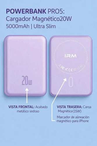 Power Bank Magnético Inalámbrico De Carga Rápida Para iPhone Y Android Violeta Claro