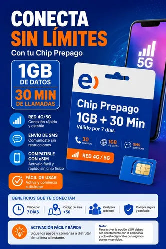 Chip Prepago Entel 1gb + 30 Minutos E Sim 3 En 1