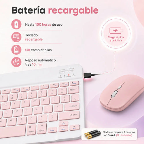 Kit Teclado Y Mouse Bluetooth Para Pc Tablet Y Celular Blanco/rosa Rosa Claro
