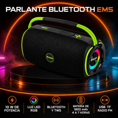Parlante Bluetooth 10w Luces Rgb Recargable Radio Fm Tws Negro/verde