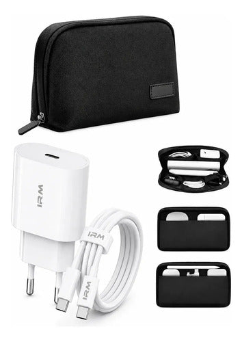Kit Cargador Rápido Usb-c De 20w Para iPhone 15, 16, 17 Y Samsung Galaxy Con Cable De 1m Y Bolso Organizador Blanco/negro