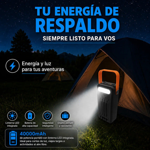 Power Bank Solar 40000mah Con Linterna Led Cables Integrados Negro