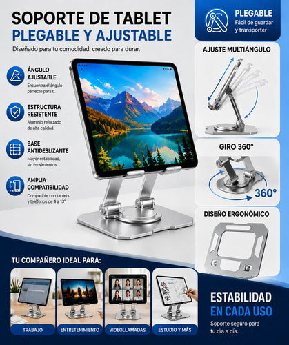 Soporte Metálico Ajustable Plegable Para Tablet Y Celular Plateado