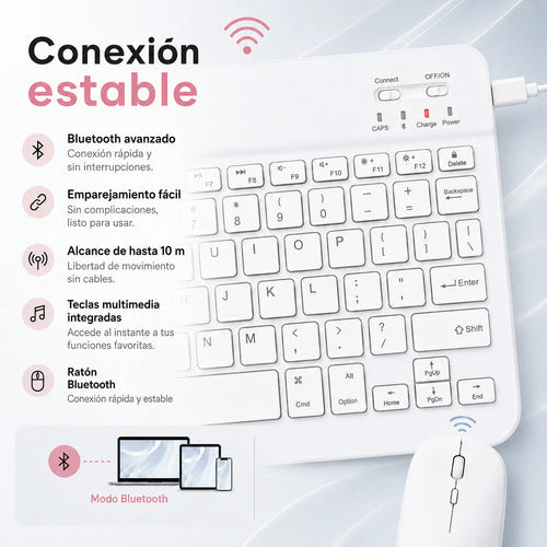 Kit Teclado Y Mouse Bluetooth Para Pc Tablet Y Celular Blanco