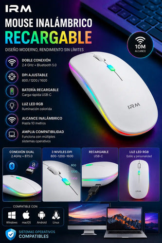 Mouse Inalámbrico Recargable Bluetooth 5.0 2.4 Ghz 1600 Dpi Blanco