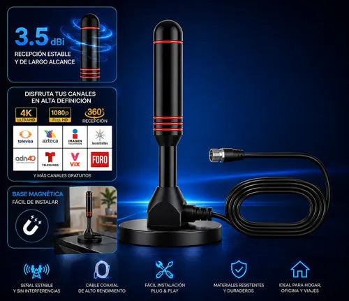 Antena Tv Digital Uhf 3.5 Dbi Base Magnética 3 Mts Int / Ext Negro