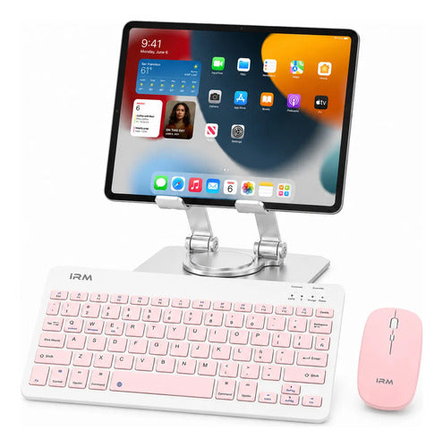 Kit Teclado Mouse Bluetooth Soporte Metal 360° Para Tablet