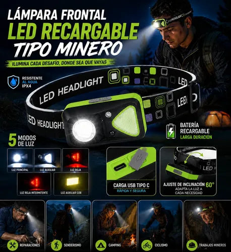 Linterna Frontal Led Recargable Luz Roja Y Sensor Movimiento