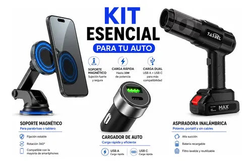 Kit Esencial Auto Aspiradora Cargador 33w Soporte Magnético Negro