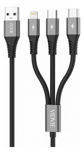 Cable Multicargador Compatible Con iPhone Tipo C Y Micro V8 Negro