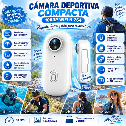 Mini Cámara Deportiva Wifi 1080p Sumergible Clip Magnético Blanco