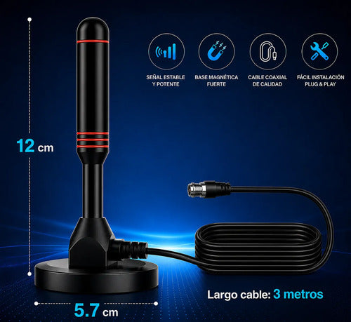 Antena Tv Digital Uhf 3.5 Dbi Base Magnética 3 Mts Int / Ext Negro