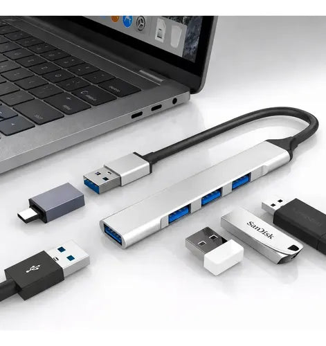 Hub Usb Treqa De 4 Puertos Con Adaptador Tipo C Para Pc Macbook Y Laptop Plateado
