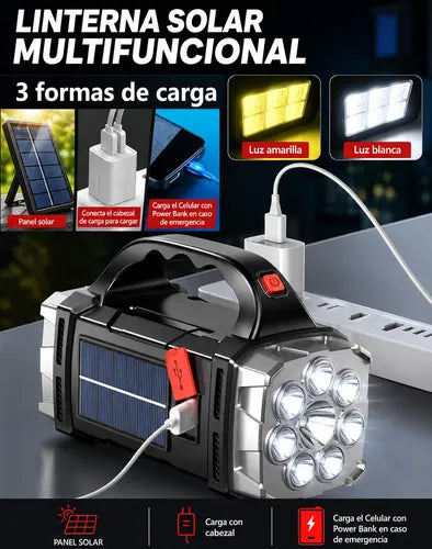 Linterna Solar Led Multifuncional Recargable Usb + Powerbank Blanca/ Amarilla Negro/plateado