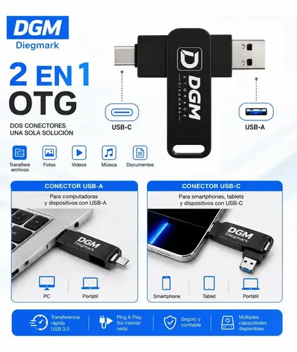 Pendrive Diegmark Otg 128gb 2 En 1 Usb C / Usb Para Smartphone Tablet Notebook Pc Smart Tv Consolas Respalda Tus Fotos,... Negro