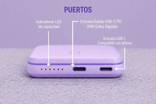 Power Bank Magnético Inalámbrico De Carga Rápida Para iPhone Y Android Violeta Claro