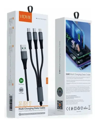 Cable De Carga Rápida 3 En 1 Usb 1.2m 3.0a Vidvie Cb4022 Gris Oscuro