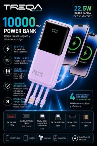 Power Bank Carga Rápida 10000mah 22.5w Pd 4 Cables Integrado Lila