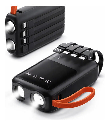 Powerbank 10000mah 2 Linternas Led Cables Integrados + Bolso Negro