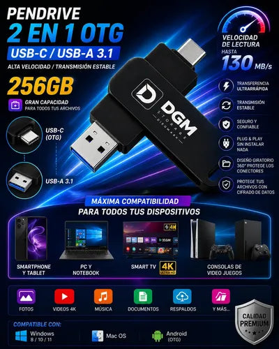 Pendrive Flash Drive Otg 256gb Usb 3.1 Usb C Alta Velocidad Negro Otg Dual Usb-c Usb-a
