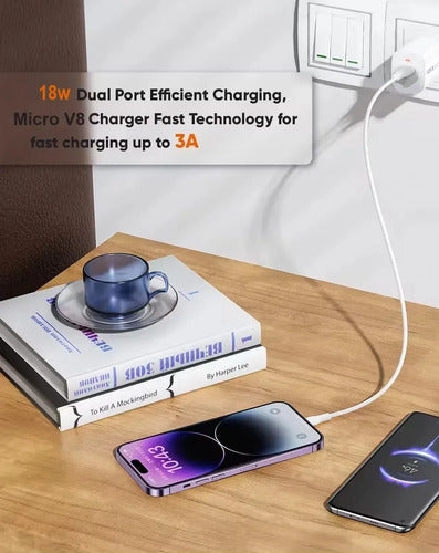 Cargador Rápido De Pared Con Doble Puerto Usb Y Cable Micro-usb Para Android Blanco