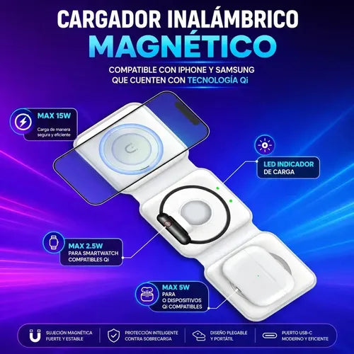 Cargador Inalámbrico Magnético 3 En 1, Plegable Y Portátil Compatible Con iPhone, Samsung Y Dispositivos Con Tecnología Qi Blanco