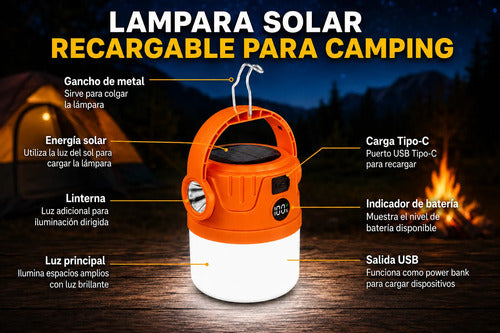 Lampara Solar Camping Farol Colgante Recargable Power Bank Naranja
