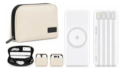 Kit Powerbank 30000mah Carga Rápida + Bolso Organizador Blanco/beige