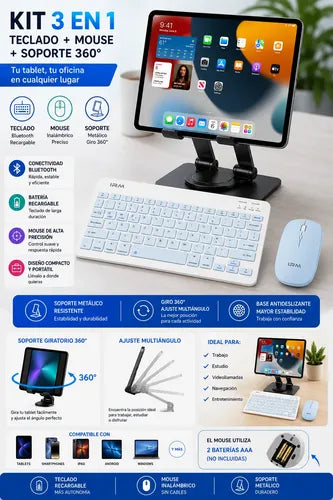 Kit Teclado Mouse Bluetooth Soporte Metal 360° Para Tablet