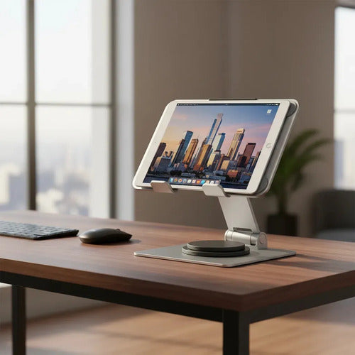 Soporte Giratorio Para Tablet Y Smartphone 360° En Aluminio | Base Ajustable Y Ergonómica Plateado