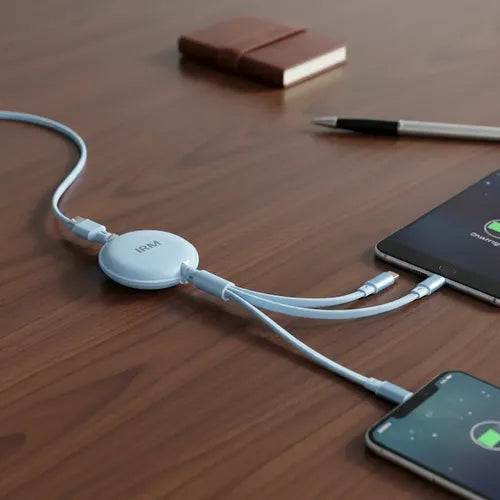 Cable De Carga Rápida Irm 3 En 1 De 100w, Retráctil Y Con Conectores Para iPhone, Micro Usb Y Tipo C Azul Claro
