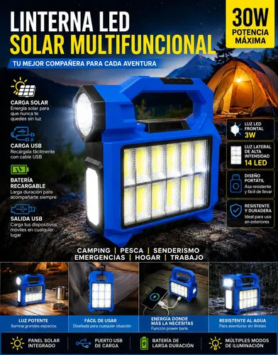 Linterna Led Solar Recargable 30w Con Luz Frontal Y Lateral