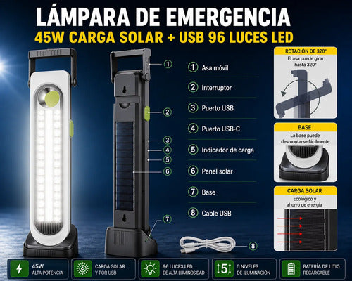 Lámpara Led Solar 45w Recargable Usb 3600mah 96 Luces Led Blanco
