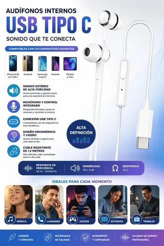 Audífonos In-ear Con Micrófono Y Usb-c Para iPhone 15, Android, Samsung Y Xiaomi  Blanco