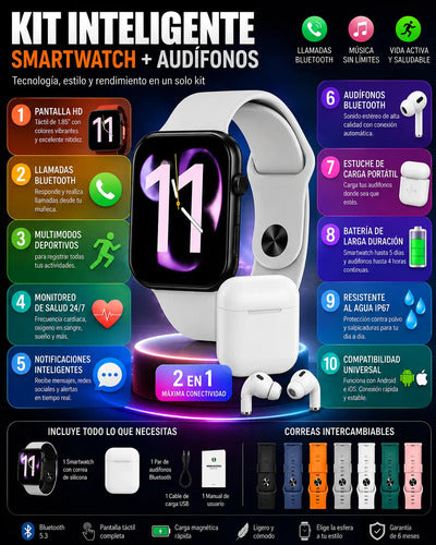 Kit Smartwatch Bluetooth 7 Correas + Audífonos Inalámbricos Negro Sport 7 Colores Intercambiables