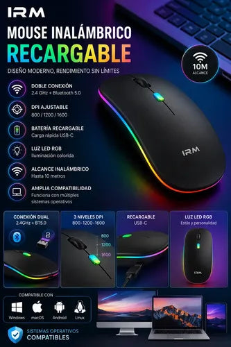 Mouse Inalámbrico Recargable Bluetooth 5.0 2.4 Ghz 1600 Dpi Negro