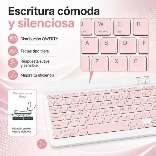 Kit Teclado Y Mouse Bluetooth Para Pc Tablet Y Celular Blanco/rosa Rosa Claro