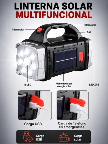 Linterna Solar Led Multifuncional Recargable Usb + Powerbank Blanca/ Amarilla Negro/plateado