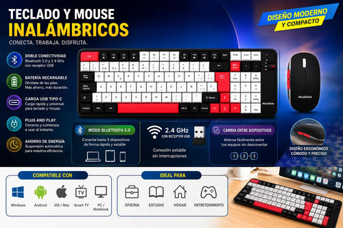 Kit Para Tablet Soporte+teclado+mouse Bluetooth Recargable Negro/rojo